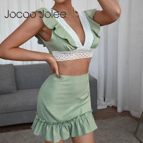 Jocoo Jolee Elegant Lace Two Pieces Sets Sexy V Neck Ruffles Backless Cropped Tops and High Waist Skirts Casual Slim Mini Suits