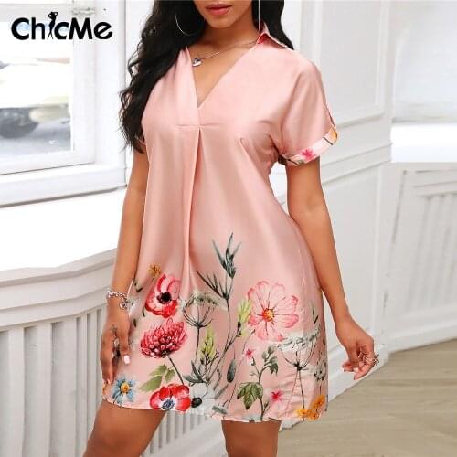 Chicme Summer Women Mimi Floral Print Short Sleeve Satin Dress V Neck Loose Casual Short Robe Fashion 2021 Vacation Streetwear