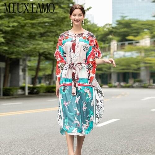 MIUXIMAO High Quality 2020 Loose Fall Dress Fashion O-neck Flower Print Bohemian Dress Women Kaftan Dress With Belt