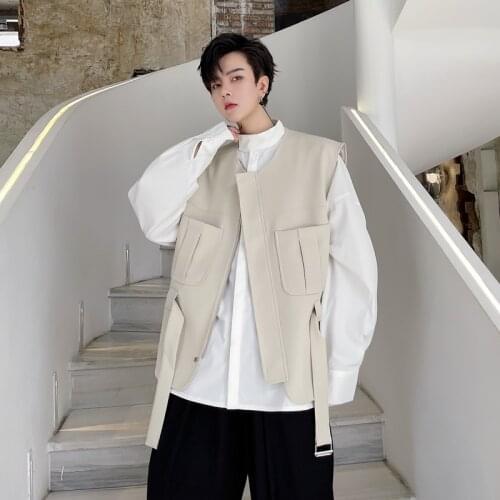 Work clothes vest mens autumn advanced sense pocket decoration hairdresser fashion young mens clip zipper waistcoat