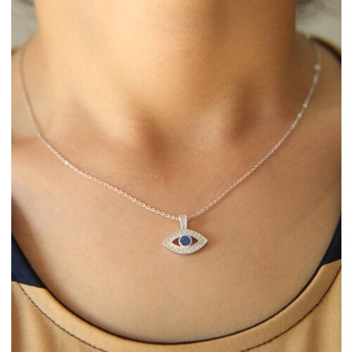 2016 factory direct selling 925 sterling silver eye shape silver evil eye blue cz necklace