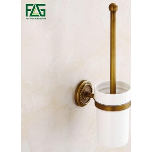 FLG Wholesale and Retail Wall Mount Antique Brass Toilet Brush Holder With Ceramic Cup Bathroom Accessories G146-09A