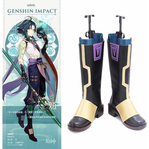 Genshin Impact Cosplay Xiao boots Halloween Cosplay Xiao Wig Cosplay Mixed Dark Green Blue Short Hair Halloween Role Play