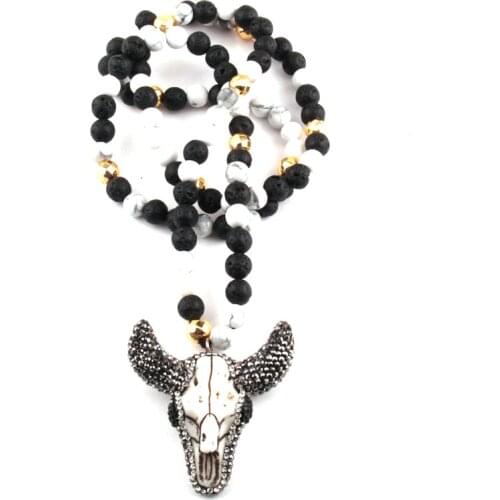MOODPC Fashion black & white Natural Stone Bull head Pendant Necklaces Women Lariat Necklaces