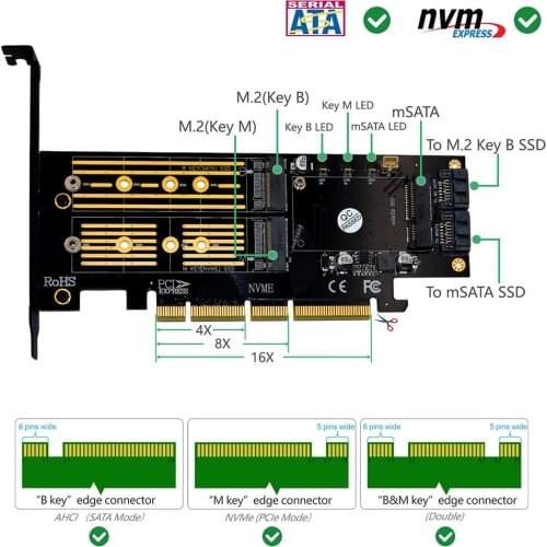3 in 1 Msata Apapter PCIE M.2 NGFF NVME SATA 3 Channel SSD Read Write LED Indicator to PCI Express 4X SATA3 Key E Apapter