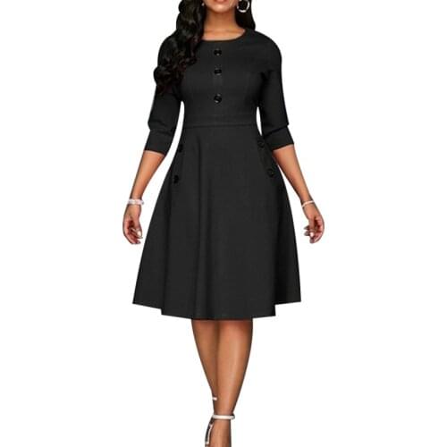 Spring Autumn Dress Women Elegant O Neck Seven-Quarter Sleeve A-Line Dress Female Fashion Retro Solid Color Knee-Length Dress