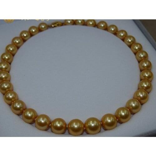 18''genuine AAA 11-12mm south sea golden pearl necklace 14K Gold Clasp