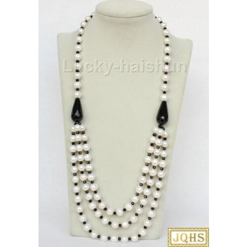 Genuine 66cm 3row 11mm white round freshwater pearls agate necklace 18KGP clasp j9980