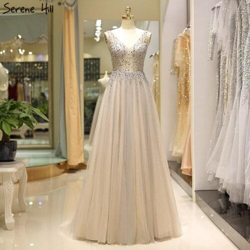 Grey V-neck Diamond Beaded Long Prom Dresses 2020 A-Line Luxury Sleeveless Sexy Prom Dress Party Serene Hill BLA6223