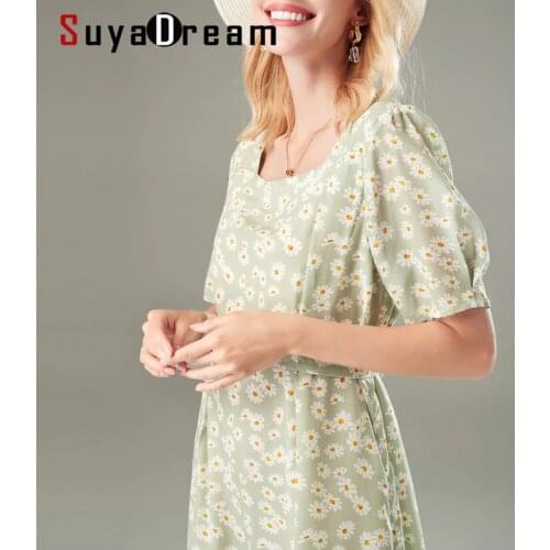 SUYADREAM Women Floral Dress 100%Silk Crepe Printed Short Sleeveless Square Collar Knee Length Dresses 2020 Summer New