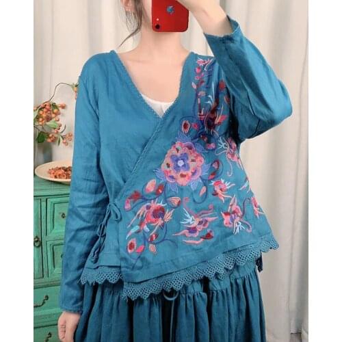 Retro Blouse 2021 Autumn Women New Casual Drawstring Shirt Tops Ladies V-Neck Embroidery Spliced Vintage Shirt Tops