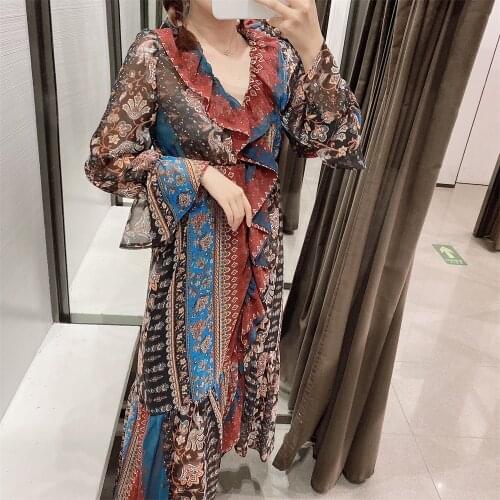 2021 women new style V-neck long-sleeved layered decorative stretch waist drape dress with lining asymmetric hem printed dress