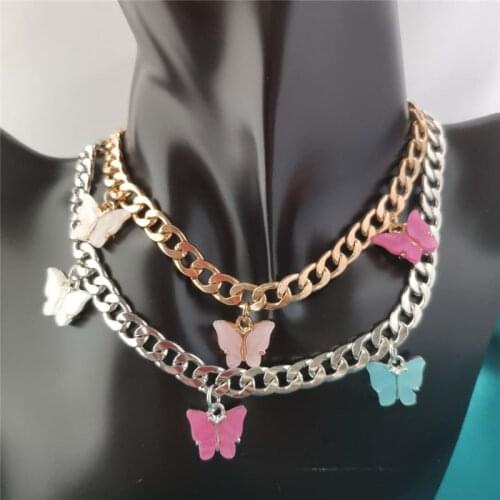 Punk Gold Silver Color Link Chain Choker Necklace for Women Fashion 3 Cute Butterfly Pendant Statement Necklace Party Jewelry