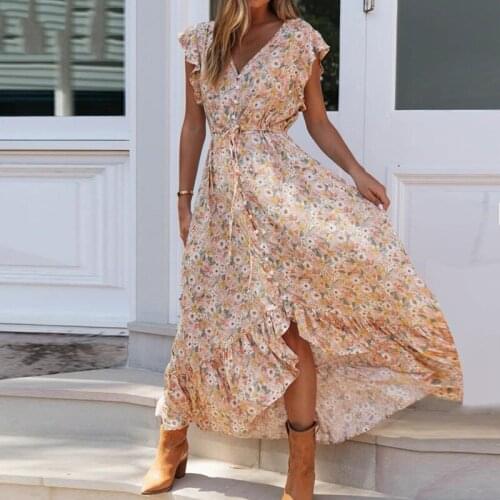 Wsevypo Bohemian Flowers Maxi Ruffles Beach Dress Summer Women Fly Short Sleeve Lacing High Waist Flared A-Line Long Dress