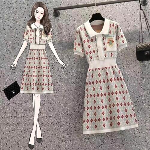 EHQAXIN Summer Autumn Womens Large Size Knit Dress Fashion Korean Floral Short Sleeve Embroidered Button Dress Has Pocket M-4XL