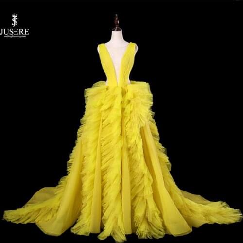 JUSERE robe de soiree Yellow Evening Dress Long V-Neck Open Back Sweep Train Puffy Evening Dresses Gowns vestido de festa longo