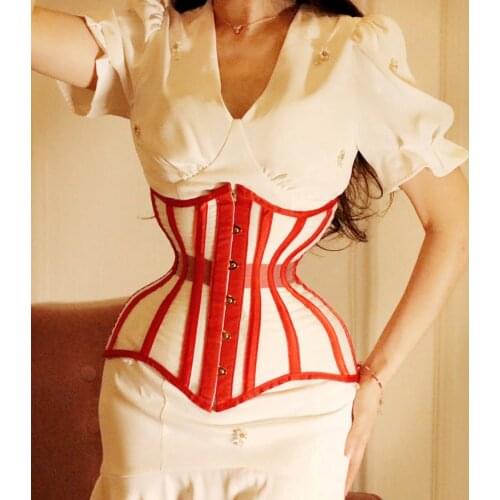 Annzley Red Mesh Stripe Corset Ultra-thin Handmade Lace Corset Waist Slimming Corset Korsett Bustier 2020