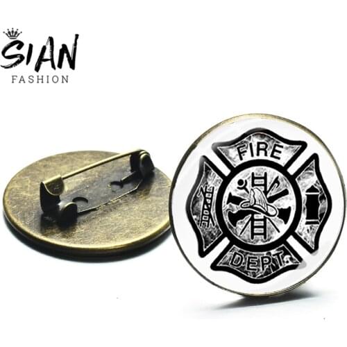 SIAN Firefighter Symbol Badges Brooch Handmade Fire Dept Pattern Glass Dome Bronze Brooches Trendy Men Women Fire Fighter Gifts