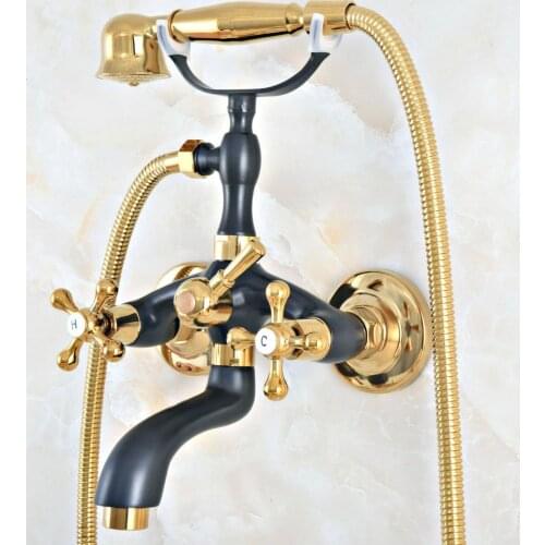 Black Gold Color Brass Bathtub Faucet Wall Mount Handheld Bath Tub Mixer System with Handshower Telephone Style zna404