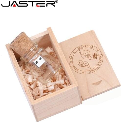 JASTER Free custom logo USB flash drives messenger bottle USB 2.0 Memory Stick Glass drift bottle Wooden box cork pendrive 64GB