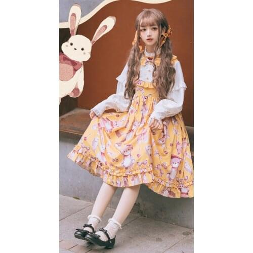 Sweet lolita dress retro falbala stand bowknot cute printing high waist fake two pieces victorian dress kawaii girl op loli cos