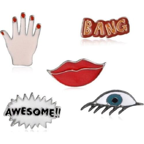 Fashion Sexy Lips Eye Palm "BANG" " AWESOME" Enamel Brooch Pins Button Bag Clothes Pin Badge Jewelry for girls boys Wholesale