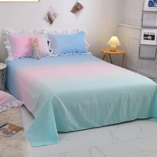 3pcs Set Candy Gradient Color Bedsheet Single Queen Size Soft Sanding Flat Sheet Fashion Bed Sheet Set with 2pcs Lace Pillowcase