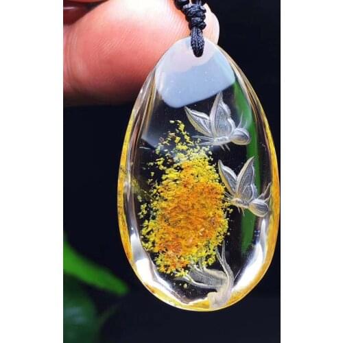 Natural yellow crystal inner handcarved butterfly love flower pendant crystal pendants necklaces white and gold party goods