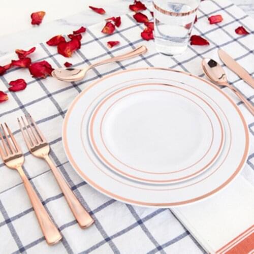 Disposable Rose Gold Edge Plastic Plate Tableware for Birthday Party Decoration of Celebration and Anniversaire Wedding Decor