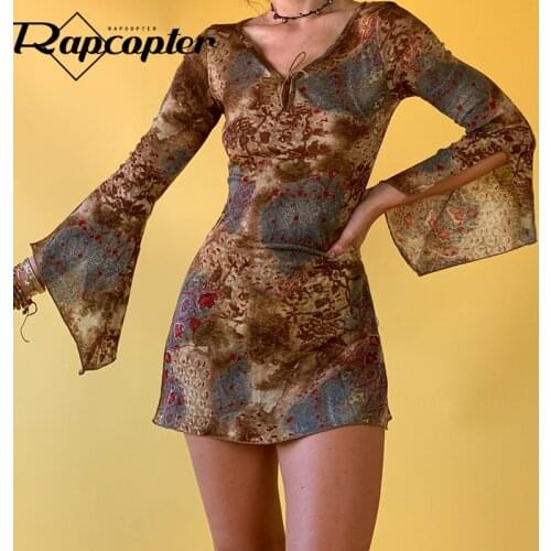 Rapcopter Printed Grunge Fairycore Mini Dress Flare Sleeve Bow Cute Party Dress V Neck Split Holiday Boho Retro Clothes Women