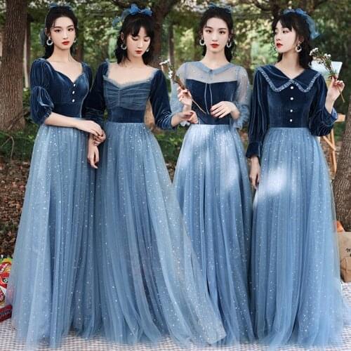 Bridesmaids Dresses Illusion V-Neck Full Tulle Lace A-Line Sequined Pearls Floor-Length Luxury Blue Lady Wedding Party Gown E409