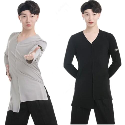 Latin Dance Shirts Men Long Sleeve Irregular Design Top Male Tango Salsa Samba Rumba Cha Cha Dancing Practice Wear