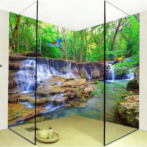 PVC Self-Adhesive Waterproof Mural Wallpaper 3D Waterfall Parrot Bathroom Background Wall Sticker Home Decor Papel De Parede 3 D