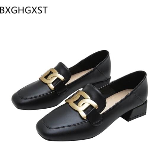 Pumps Loafers Women Shoes Casual Square Toe Heels Black Office Shoes for Women Low Heels 2021 Classic Leather Shoes Women Scarpe