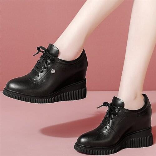 Wedges Oxfords Shoes Women Genuine Leather High Heel Ankle Boots Female Lace Up Platform Pumps Shoes Round Toe Fashion Sneakers