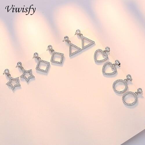 Viwisfy Full Cover Crystal Star Square Round Dangle Jewelry Sterling Silver 925 Drop Earrings For Women VW21253