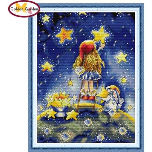 GG Girl Picking Stars Cross Stitch DIY Handicraft Embroidery Needlework Joy Sunday Stamped 14CT 11CT Cross Stitch for Home Decor