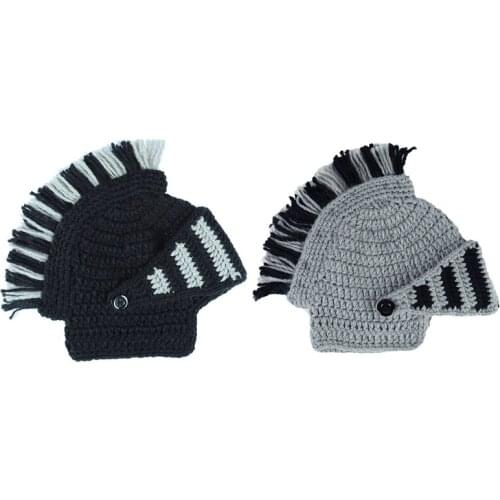 Men Women Funny Chunky Knitted Roman Knight Helmet Hat Contrast Color Tassel Barbarian Crochet Earflap Beanie Skull Cap with Fac