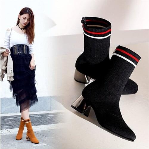 Women Booties ladies autumn 2019 new stretch stovepipe thick with high-heeled knitted wool socks boots European style of girl in