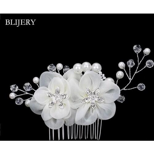 BLIJERY Pearl Crystal Beads White Flower Hair Combs for Women Bridesmaid Bridal Hair Jewelry Handmade Wedding Hair Accessories