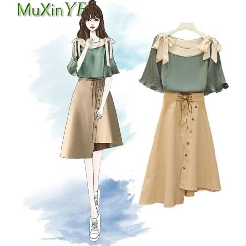 Plus Size Skirt Suit 2021 Summer New High-Waist Bow-Knot Top Dress Two-Piece Korean Sweet Trendy Midi Skirt Girl Fashion Clothes