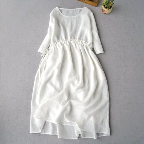 Spring Summer Women Loose Plus Size Drawstring Elastic Waist Comfortable Water Washed Thin Ramie Pullover Dresses