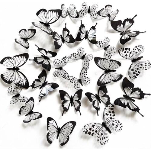 12/24PCS 3D Black and White Butterfly Wall Stickers DIY Bedroom Living Room Background Wall Home Decor Butterfly Decal Stickers