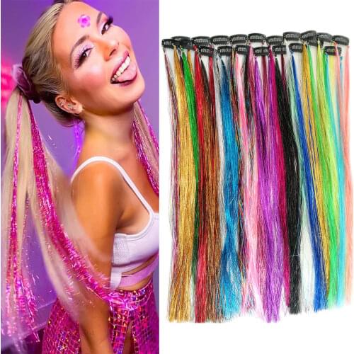 18 inch Clip on In hair Dazzle Tinsel Extensions Girls women glitter party Hair Accessories RAINBOW color Bling Hair piece