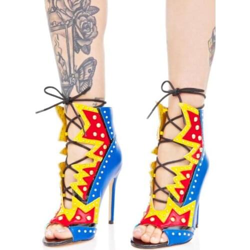 2018 Summer Newest Mixed Color Leather Women Lace Up Sandals Sexy Peep Toe Ladies Fashion High Heels Super Hot Party Shoes