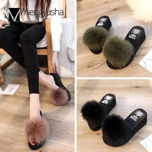 2019 Femme Designer Pompon Sandals Wedges Slippers Women Fur Balls Slides Platform Beach Sandals Sapato Feminino Ladies Flipflop