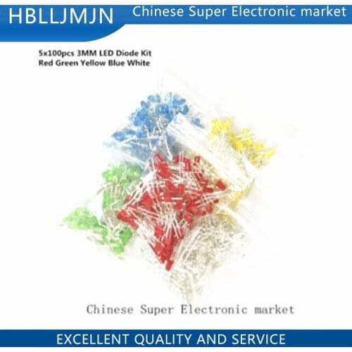 5x100pcs=500Pcs 3MM LED Diode Kit Mixed Color Red Green Yellow Blue White