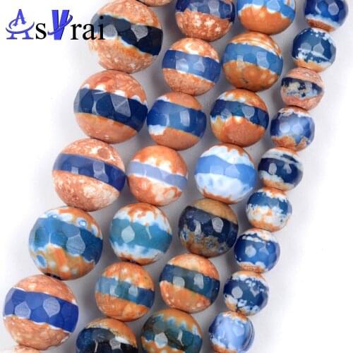 6 8 10mm Natural Stone Beads Retro Faceted Blue Dzi Agates Round Loose Spacer Beads For Jewelry Making DIY Bracelet Necklace 15"