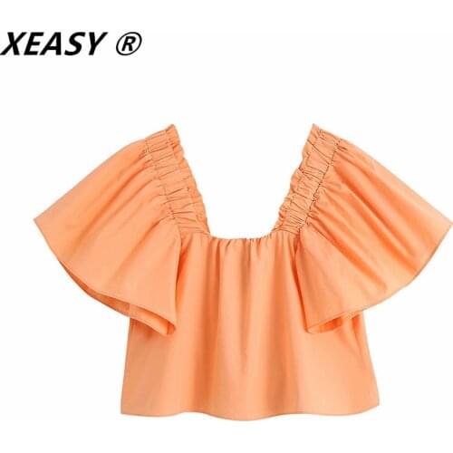 XEASY Za Women 2021 Blouse Poplin White Crop Top Female Summer Fashion Elastic Voluminous Short Sleeve Chic Woman Blouse