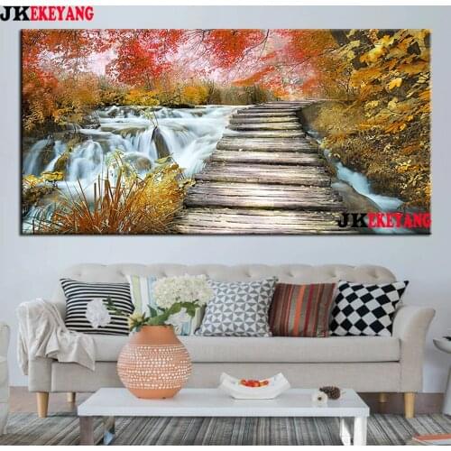 Large 5D Diy diamond painting Forest waterfall bridge Diamond Mosaic Rhinestone Embroidery cross stitch Y4352
